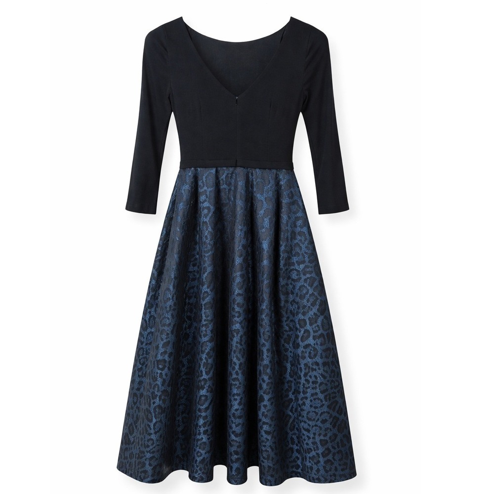 THEIA Leopard Print Midi Dress Women's Size 0 Black 3/4 Sleeve